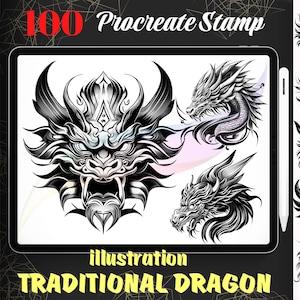 Może przedstawiać: Zestaw 100 stempli Procreate z tradycyjnymi ilustracjami smoków. Stempelki są czarno-białe i przedstawiają różne wzory smoków, w tym głowę smoka, smoka ze skrzydłami i smoka z długim ogonem.