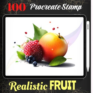 May include: A digital illustration of a collection of realistic fruit, including a red apple, raspberries, and blueberries. The fruit is arranged on a white background with a few red and white splatters of paint. The image is displayed on a tablet screen with the text "100 Procreate Stamp Realistic FRUIT" at the bottom.