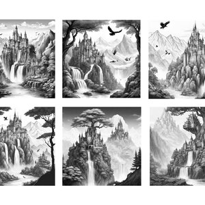 May include: A black and white illustration of a castle on a cliff with a waterfall cascading down the side. The castle is surrounded by trees and mountains. There are birds flying in the sky.