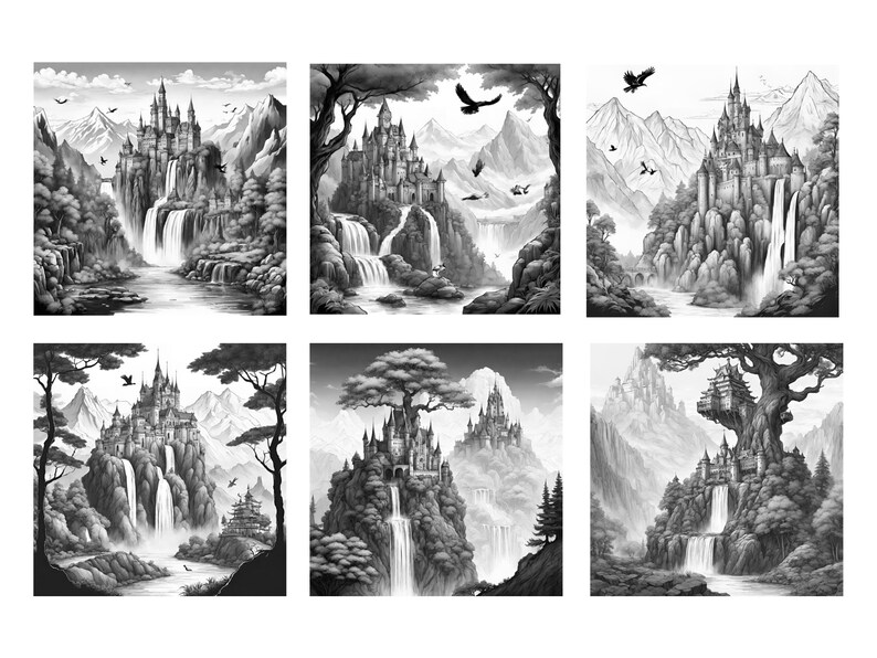 May include: A black and white illustration of a castle on a cliff with a waterfall cascading down the side. The castle is surrounded by trees and mountains. There are birds flying in the sky.
