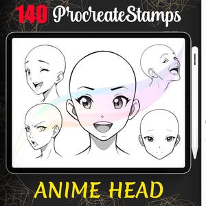140 Procreate Anime Head Stamps, mangaheadset, striptekengids, procreate-borstels komische stijl.