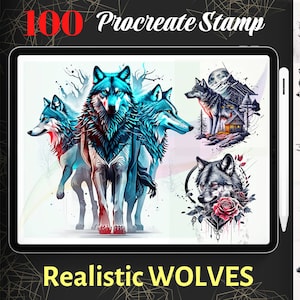 100 Realistic Wolf Procreate Stamps, Scary Wolf Stamps for Procreate, Wild Animal tattoo stamp, Instant Digital Download
