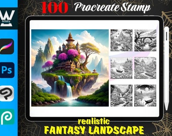 100 Procreate Fantasy Landscape Stamps, Fantasy Place Bundle for Procreate, Fantasy Scenery set, Instant Digital Download