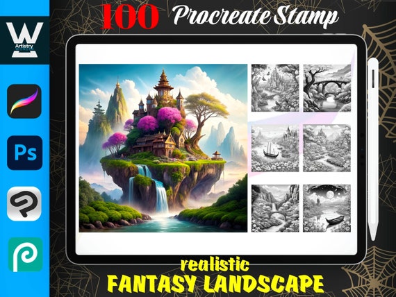 100 Procreate Fantasy Landscape Stamps| Scenery Brush Set| Digital Download