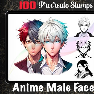 Op de afbeelding: Een digitale illustratie van vier anime-mannengezichten. De gezichten zijn getekend in een kleurrijke stijl met verschillende haarkleuren en -stijlen. De tekst "100 Procreate Stamps" en "Anime Male Face" staat bovenaan en onderaan de afbeelding.