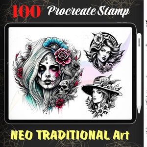 100 Procreate Trad Art Stamps, Animal Stamp Brushes for Procreate Ipad, Traditional Tattoo stamps, instant digital download
