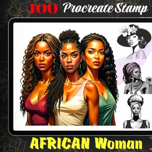 Könnte beinhalten: Digitale Illustration von drei afrikanischen Frauen mit verschiedenen Frisuren und Kleidung. Die Frauen sind in einem farbenfrohen und lebendigen Stil dargestellt. Das Bild ist mit "100 Procreate Stamp African Woman" beschriftet.