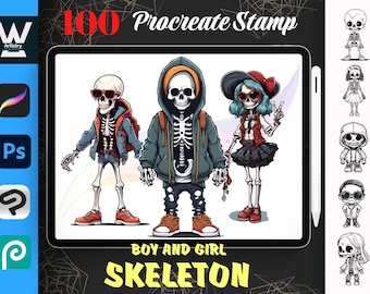 100 süße Schädel Skelett Procreate Briefmarken, Horror Charakter Pinsel (Digitaler Download)