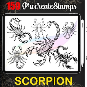 Puede incluir: Conjunto de arte digital de 150 sellos Procreate con ilustraciones de escorpiones. Los diseños son en blanco y negro, mostrando representaciones detalladas de los arácnidos. La palabra "SCORPION" se muestra en amarillo en la parte inferior de la imagen.