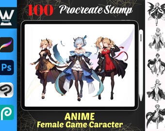 100 Anime Girl Procreate Stamps| Female Game Character Brush Set| Digital Download