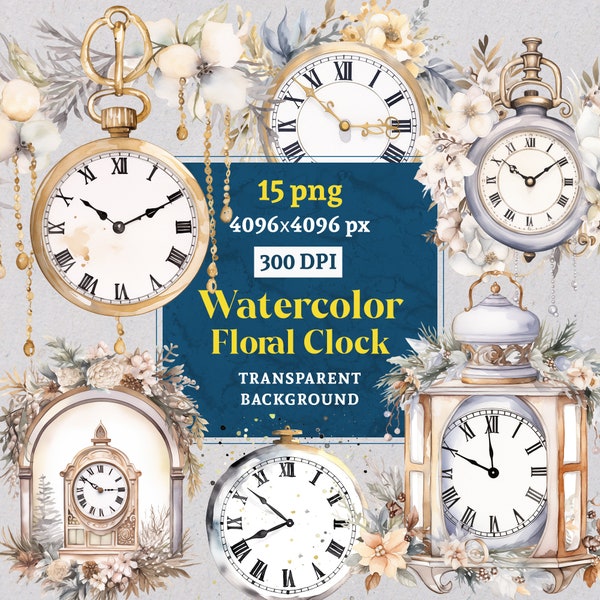 Cozy Watercolor floral clock png vintage clock antique clock Retro Clock retro png retro clock new year png colorful clocks planner clipart