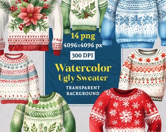 Ugly Sweater, ugly sweater png, ugly christmas sweater clipart, christmas png, christmas clipart, christmas clip art, watercolor Christmas