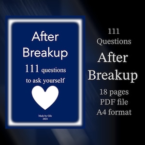Puede incluir: Una portada de descarga digital azul y blanca con el texto "After Breakup 111 questions to ask yourself" y un corazón blanco. También se incluye el texto "111 Questions After Breakup 18 pages PDF file A4 format".