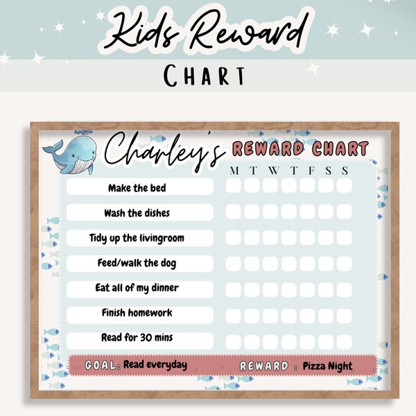 Visual schedule for kids, Sea animal kids chore chart,  Weekly responsibility chart for kids, Blue Toddler daily routine chart