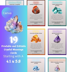 19 Printable Crystal Information Cards, Starting with A, Crystal Kit Set, Crystal Set Cards, Crystal Meaning Cards, Printable Gemstone Cards