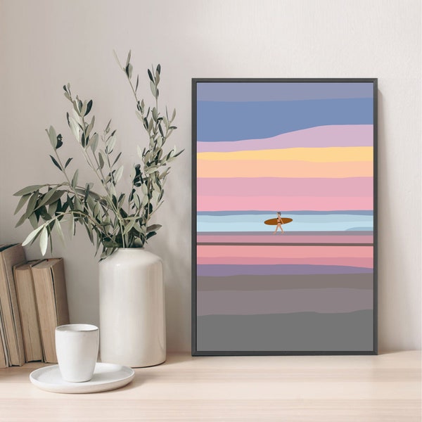 Surfer Sunset Art | Female Surfer Decor | Beach House Print | Boho Beach Decor | DIGITAL DOWNLOAD | Surf Poster | Beach Art |Beach House Art