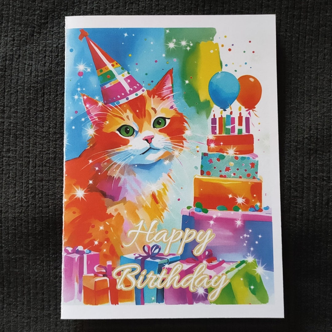 Cat Themed Happy Birthday Card (holographic Designs Available.) - Etsy
