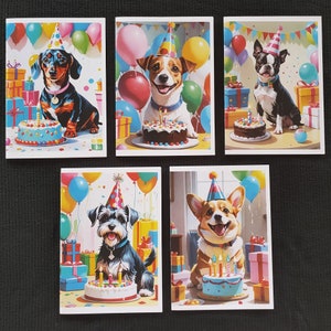 Lot de 1 à 5 cartes d'anniversaire sur le thème des petits chiens. (Designs holographiques disponibles.)