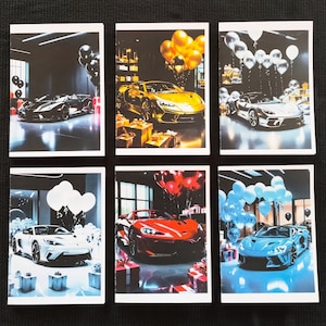 1 - 6 Pack Sports Car Theme Birthday Card (Holographic Designs Available.)