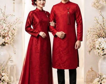 Phoenix Silk Vietnamese Wedding Ao Dai Set, Bride and Groom Matching Outfit, Red Traditional Ao Dai Couple, Engagement Ceremony Dress Outfit