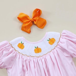 Smocked Pumpkin Bubble Romper Pastel Pink, Halloween, Thanksgiving, Fall, Bishop style, Baby Girl, Pumpkin Patch, Vintage Spider, Candy Corn