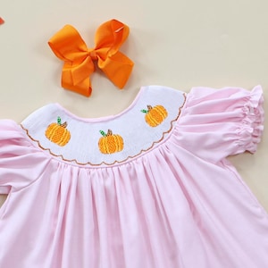 Girl Smocked Pumpkin Dress Romper Pastel Pink, Halloween, Thanksgiving, Fall, Bishop style, Baby Girl, Pumpkin Patch, Spider, Candy Corn