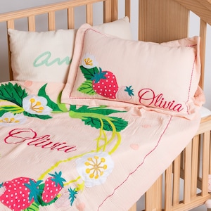 Pink Strawberry Custom Name Blanket And Pillow case, Personalized Strawberry Blanket, Cute Kids Nursery Decor, Gift For Baby Girl, Berry 1st