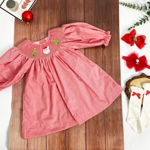 Rot Gingham Weihnachten Langarm Gesmokt Bestickt Santa Dress Outfit, Weihnachtsbaum, Holiday Bubble, 1st Christmas Santa Photoshoot