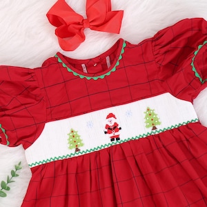 Gesmoktes Rotes Tartan Weihnachtskleid, Pine Tree Kleid, Handgemachte Weihnachtsstickerei, Weihnachtsmann Fotoshooting Outfit, Familienurlaub Passende Outfits