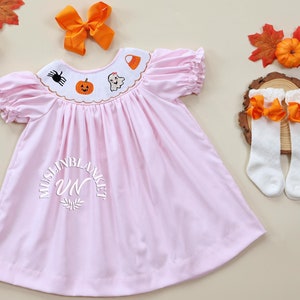 Pink Halloween Smocked Dress + Orange Headband Spider Candy Corn, Ghost, Pumpkin Romper Style, Trick Or Treat, Fall outfit Sibling Matching