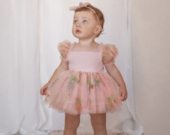 First Birthday Cake Smash Outfit Girl, Tulle Daisy Baby Dress + Headband, Floral Embroidered Romper, Holiday Photoshoot, Toddler Flower Girl