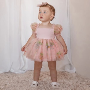 First Birthday Cake Smash Outfit Girl, Tulle Daisy Baby Dress + Headband, Floral Embroidered Romper, Holiday Photoshoot, Toddler Flower Girl