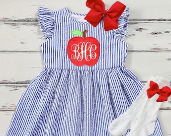 Seersucker School Dress| Back to School Dress| Preschool Dress| School Dress| Apple Dress| Fall Dress| Applique Embroidery| Name Monogram