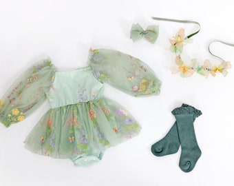 Elegant Sage Green Long Sleeves Enchanted Rose Fairy Floral Spring Embroidered Tulle Romper Flower Girl Tutu Flower Style Party 1st Romper
