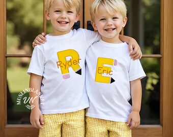 Boy Embroidered Back to School Set, Applique Pencil Shirt, Personalized First Day of School Outfit, Boy Seersucker Set, School Sibling Match