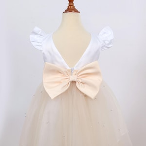 White Top Champagne Tulle  Flower Girl Dress | Sparkle Flower Girl Dress | V Back Top Dress with Pearls Communion Dress | Mid Calf - Length