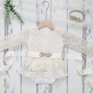 Boho 1st Birthday Outfit White Boho Lace  Long Sleeves Romper Headband Baby Girl&#39;s Romper Cake Smash Outfit Baby Girl Clothes Birthday Dress