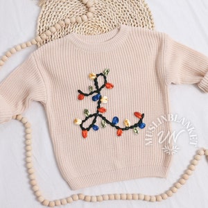 Hand Embroidered Baby Name Christmas Sweater, Infant Custom Holiday Sweater, Knit Baby 1st Christmas Sweater Holiday  X&#39;mas Toddler Sweater