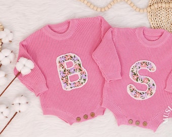 Custom Embroidered Floral Initial Sweater, Hand Embroidered Name Sweater, Personalized Oversized Knit Romper, Baby Shower Gift, Toddler Gift
