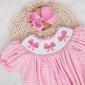 Valentine Pink Gingham Smocked Embroidered Sweet Coquette Bows Bubble Outfit, Birthday Romper Bubble, Cute Smocked Romper Sweet One Romper