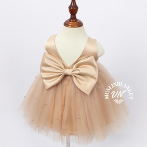 Rose Gold 4 Layer Pearl Tulle V-Back Knee Length Wedding Flower Girl Summer Holiday Pageant Birthday Princess Ball Gown Big Bow Champagne