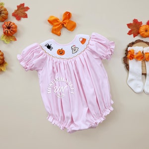 Pink Halloween Smocked Bubble + Orange Headband Spider Candy Corn, Ghost, Pumpkin Romper Style, Trick Or Treat, Fall outfit Sibling Matching