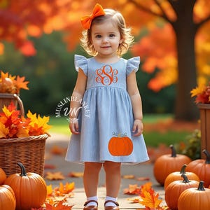 Puede incluir: Una niña pequeña con un vestido a rayas azul y blanco con un monograma naranja y un diseño de calabaza. El vestido tiene mangas con volantes y un lazo naranja a juego. Las calabazas y el follaje otoñal rodean a la niña.