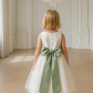 Ivory Lace Flower Girl Dress Wedding Party Holiday Bridesmaid Birthday Tulle Lace Ivory Flower Girl Dress Sage Green Sash Junior Bridesmaid