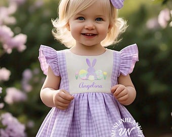 Vestido de Pascua personalizado color lila, estilo obispo, vestido de cuadros vichy para bebés y niños pequeños, bordado, regalo de Pascua para hermano, hermana y hermano a juego.