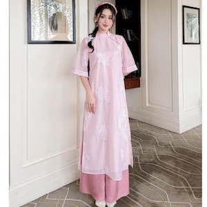 Pastel Pink, Blue, Cream Chiffon Embroidery Ao Dai Set, Modernized Vietnamese Cute Ao Dai, Lunar New Year, Ao Dai Tet, Family Tet Photoshoot