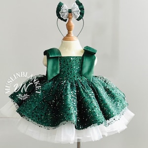Weihnachten Einzigartige Grünes Kleinkind Kleid, Gerüschtes Tüll Baby Kleid, Prinzessin Kleid Für besonderen Anlass, Ausgefallene Blumenmädchen, Bling Baby Kleid