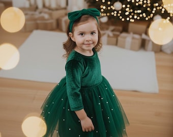 Vestido de terciopelo verde esmeralda con perlas, largo hasta la rodilla, ideal para fiestas, Navidad, escuela, cosplay, sesión de fotos o para destrozar la tarta. Perfecto para el invierno. Para niñas pequeñas y jóvenes.