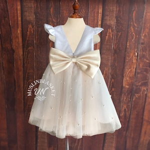 White Top Champagne Tulle  Flower Girl Dress | Sparkle Flower Girl Dress | V Back Top Dress with Pearls Communion Dress | Mid Calf - Length