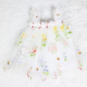 NEW 0M-12Y Floral Embroidery Tulle Dress, White Dress with Flowers, 1st birthday, Toddler Photo, Ruffle Sleeves Dress, Princess Butterfly